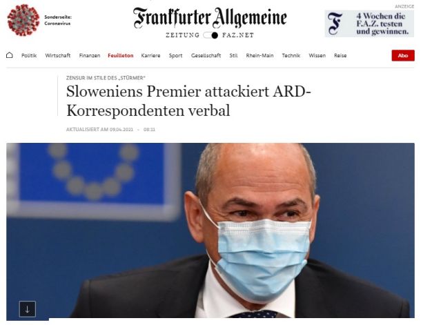 Frankfurter Allgeimeine Zeitung povzema poročilo nemške agencije dpa o novem tviteraškem obračunu predsednika slovenske vlade s tujimi novinarji