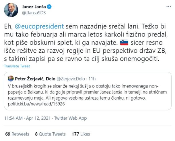 Janšev odziv na Twitterju