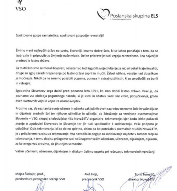 Vabilo ravnateljicam in ravnateljem, iz katerega je lepo razvidno, da pri kvizu sodelujejo politična institucija – poslanska skupina Evropske ljudske stranke –, pomembni predstavniki SDS in Nova24TV, televizija v madžarski lasti, ki je naklonjena izključno SDS