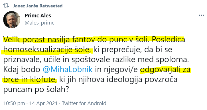 Sporni Primčev tvit, ki ga je delil tudi predsednik vlade Janez Janša