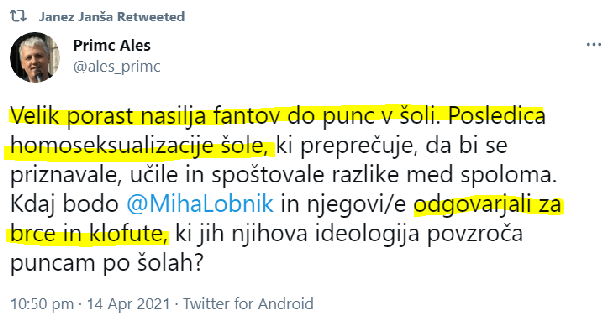 Sporni Primčev tvit, ki ga je delil tudi predsednik vlade Janez Janša 