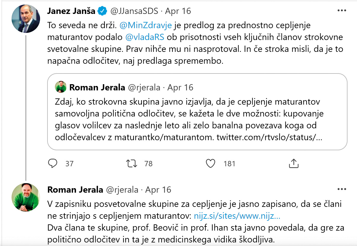 Razkrinkana laž: Janez Janša je trdil, da se je stroka strinjala s cepljenjem maturantov, Roman Jerala pa mu je odgovoril z zapisnikom posvetovalne skupine, kjer je zapisano, da se člani ne strinjajo s cepljenjem maturantov.