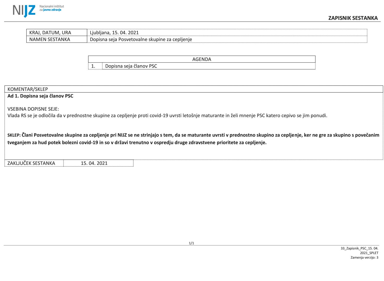Zapisnik posvetovalne skupine za cepljenje.