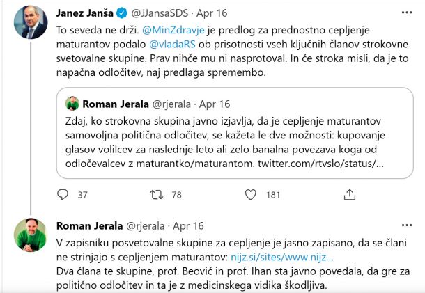 Razkrinkana laž: Janez Janša je trdil, da se je stroka strinjala s cepljenjem maturantov, Roman Jerala pa mu je odgovoril z zapisnikom posvetovalne skupine, kjer je zapisano, da se člani ne strinjajo s cepljenjem maturantov. 