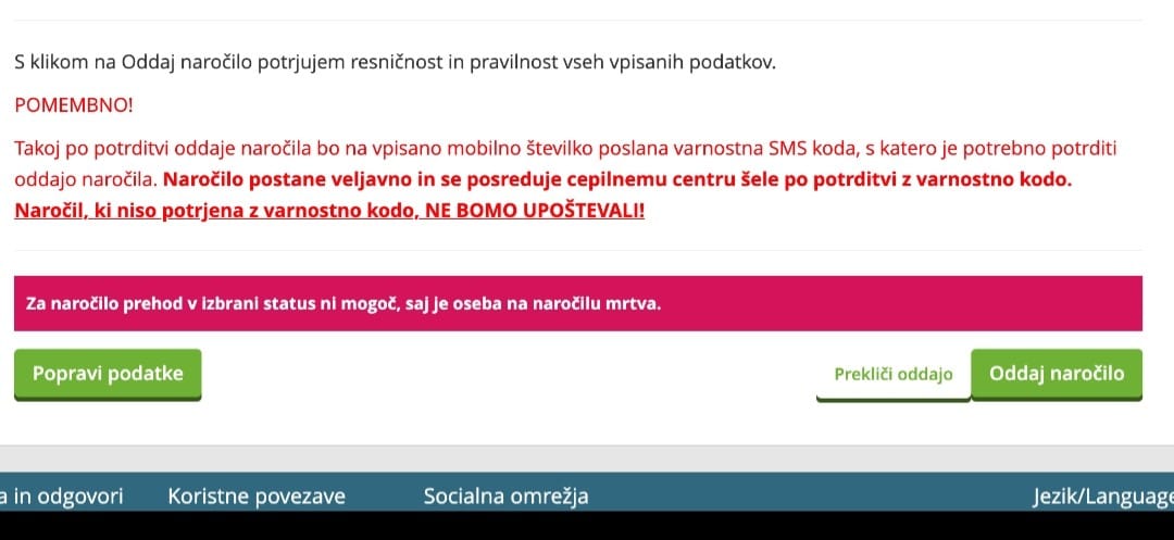Sporočilo, ki ga je prejel eden od kandidatov za cepljenje
