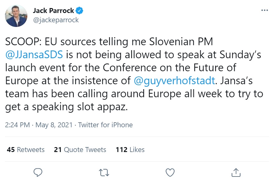 Tvit Jacka Parrocka z informacijo o tem, da je od virov v EU izvedel, da Janši ne dovolijo nastopa na konferenci o prihodnosti EU