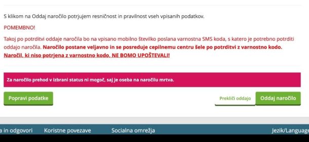 Sporočilo, ki ga je prejel eden od kandidatov za cepljenje