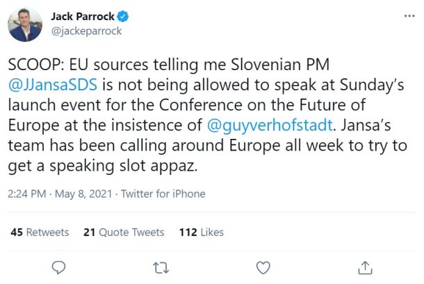 Tvit Jacka Parrocka z informacijo o tem, da je od virov v EU izvedel, da Janši ne dovolijo nastopa na konferenci o prihodnosti EU