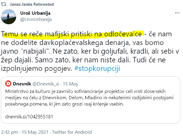Zapis direktorja Ukoma Uroša Urbanije, ki ga je na Twitterju delil tudi predsednik vlade Janez Janša