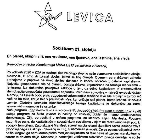 Ponarejeni tajni manifest stranke Levica, ki v glavi nosi stari logotip Iniciative za demokratični socializem, ene izmed strank, iz katerih je pred leti nastala Levica.