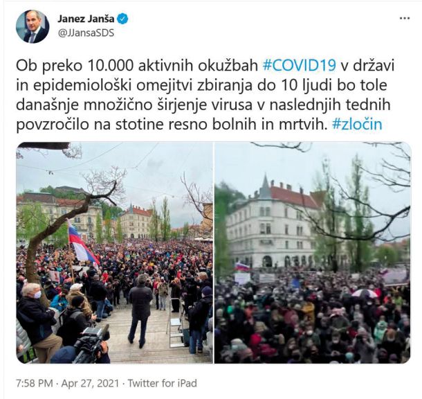 Janez Janša je protestnike obtožil, da bodo krivi za množico mrtvih in okuženih. Izkazalo se je, da protest na epidemijo ni imel vpliva.