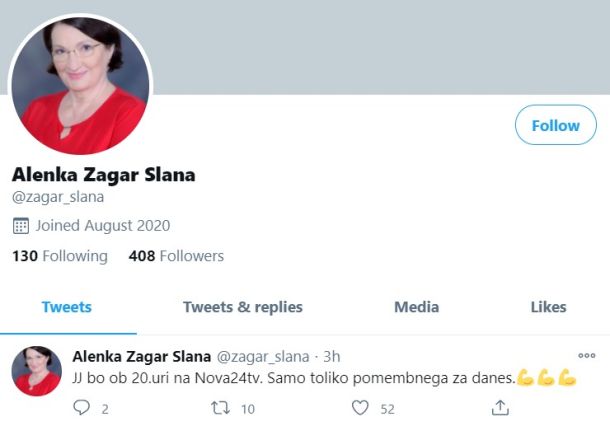 Profil Alenke Žagar Slana na Twitterju 