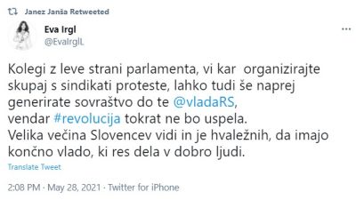 Tvit Eve Irgl, ki ga je delil tudi Janez Janša