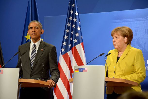 Barack Obama in Angela Merkel v Hannovru leta 2016