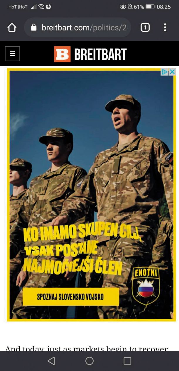 Oglas za slovensko vojsko na portalu Breitbart news 
