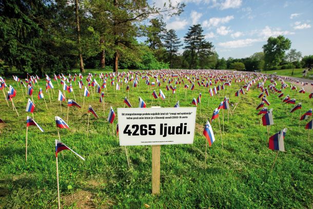 4265 zastavic v ljubljanskem parku Tivoli v spomin na umrle zaradi covid-19 po lanski razglasitvi konca epidemije 