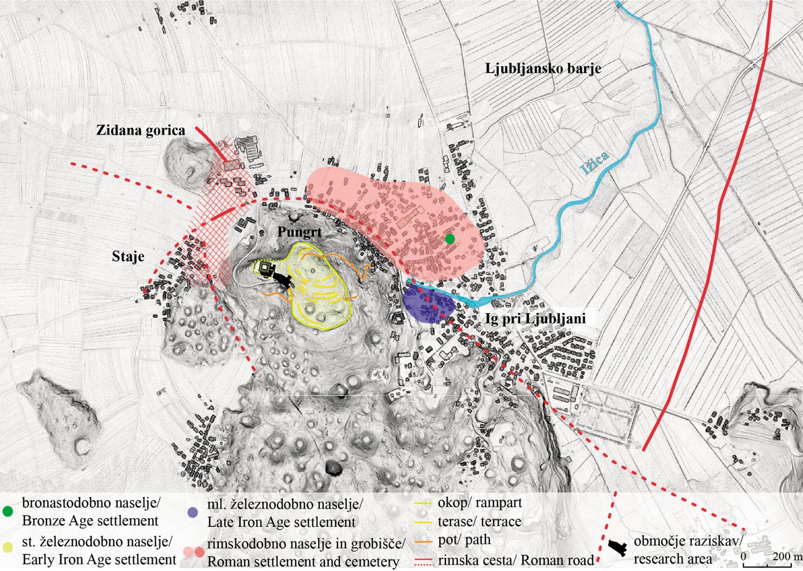 Ig v pozni prazgodovini in rimskem času (po Lucija Grahek, Anja Ragolič, 2020. Arheološki inštitut ZRC SAZU, Arhej). Nova je ugotovitev, da je bilo v mlajši železni in rimski dobi poseljeno tudi gradišče na Pungrtu.