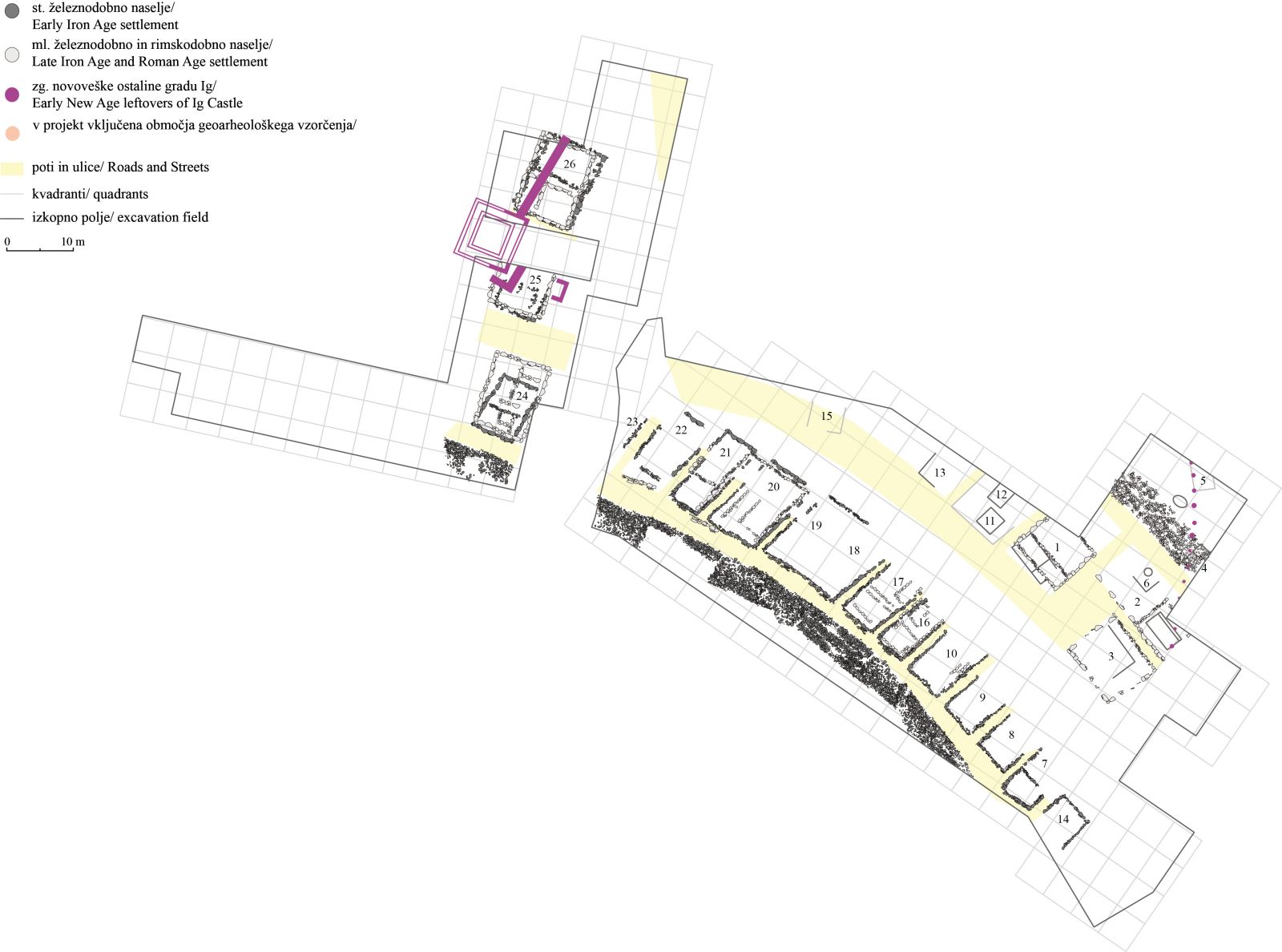 Tloris zaščitnih izkopavanj na ižanskem Pungrtu, lokacija ižanskega gradu je levo zgoraj, vijoličasti kvadrat je vhodni stolp v grajski kompleks 