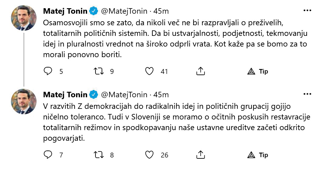Janezu Janši se je pridružil politolog po izobrazbi in katoličan po prepričanju obrambni minister Matej Tonin. Tudi on je prepričan, da stranka Levica ogroža ustavne temelje, o tem, kar počne stranka SDS, pa oportunistično molči.