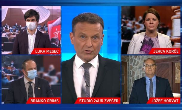 Voditelj Uroš Slak in gostje v oddaji, ki jo v javnem zapisu omenja Luka Mesec