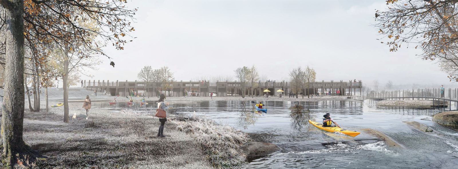 Izbrana idejna rešitev za osrednjo stavbo bodočega centra - čolnarno, ki bi na 1000 m² v dveh etažah vključevala gostinski obrat, trgovino, sanitarije, garderobe, prostore za hranjenje čolnov, pranje opreme,  fizioterapijo, masažo, zdravniške preglede, psihološko svetovanje, civilno zaščito ...