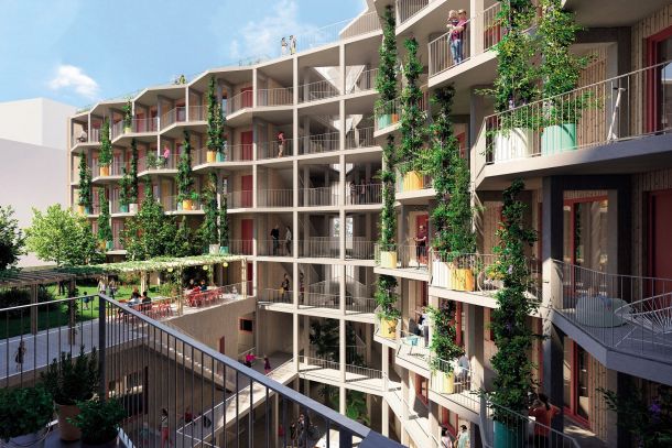 Ozelenjene fasade mestnega projekta socialne stanovanjske gradnje. 