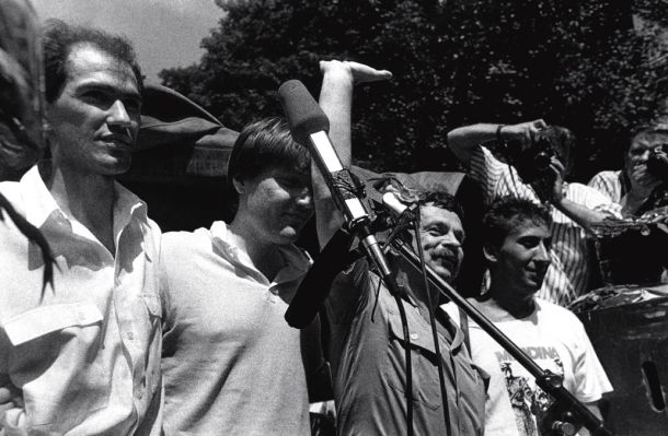 Janez Janša, David Tasić, Ivan Boštner in Franci Zavrl na Roški v Ljubljani leta 1988 