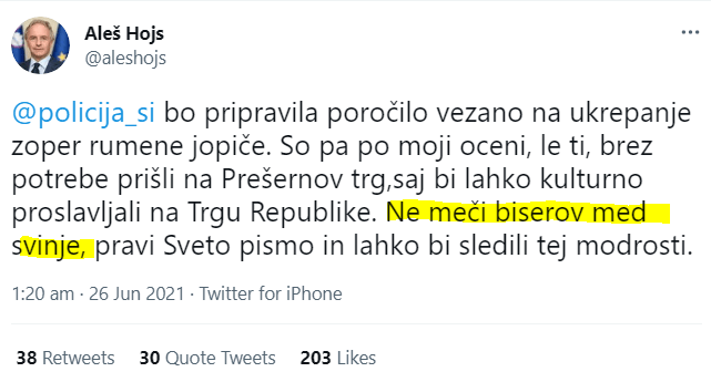 Tvit ministra za notranje zadeve Aleša Hojsa