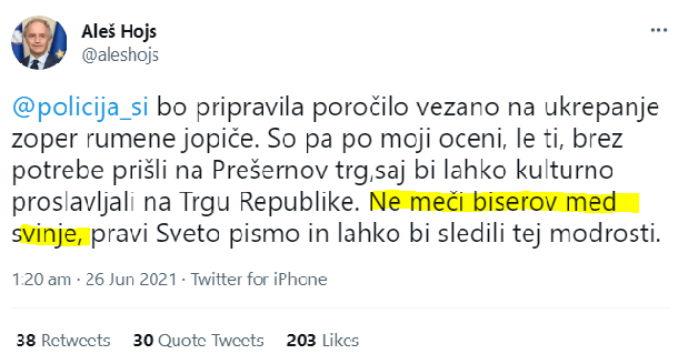 Tvit ministra za notranje zadeve Aleša Hojsa