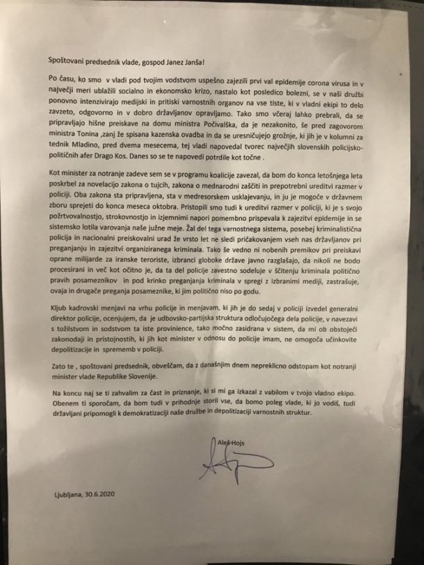 Pismo, v katerem je 30. junija 2020 Aleš Hojs predsedniku vlade Janezu Janši sporočil, da nepreklicno odstopa z mesta ministra za notranje zadeve