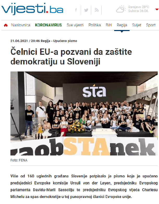 Povzetek pisma na straneh Vijesti.ba – ironično kompleksnejši in daljši kot pri slovenskih medijih