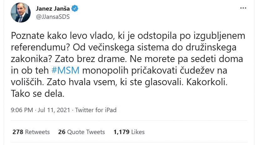 Odziv predsednika vlade Janeza Janše po referendumu. Namesto da bi priznal poraz in za začetek zamenjal neprepričljivega ministra za okolje Andreja Vizjaka, minimalizira referendumski rezultat in krivi druge. Tipično.