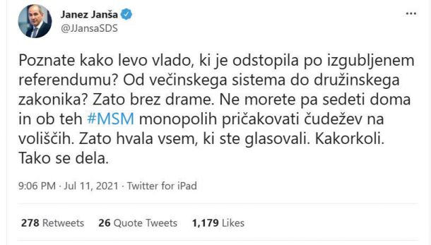 Odziv predsednika vlade Janeza Janše po referendumu. Namesto da bi priznal poraz in za začetek zamenjal neprepričljivega ministra za okolje Andreja Vizjaka, minimalizira referendumski rezultat in krivi druge. Tipično. 