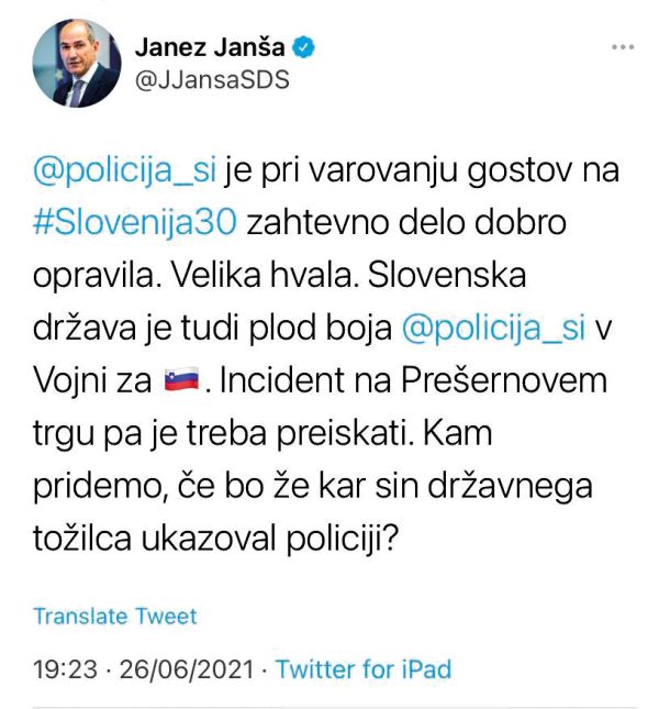 Takojšnji odziv predsednika vlade Janeza Janše na Twitterju.