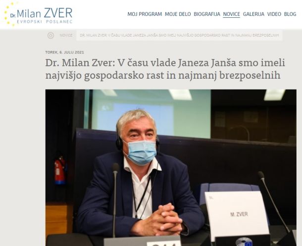 Zapis na spletni strani Milana Zvera, evropskega poslanca iz vrst Janševe SDS 