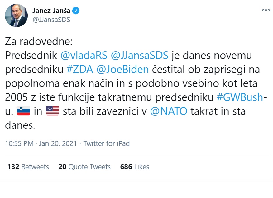 Zapis Janeza Janše na Twitterju