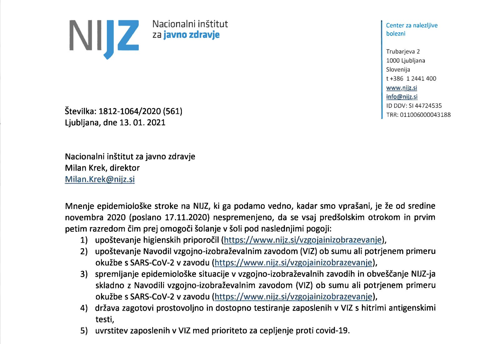Del mnenja epidemiologov NIJZ o odprtju šol, napisanega in poslanega prejšnji teden.