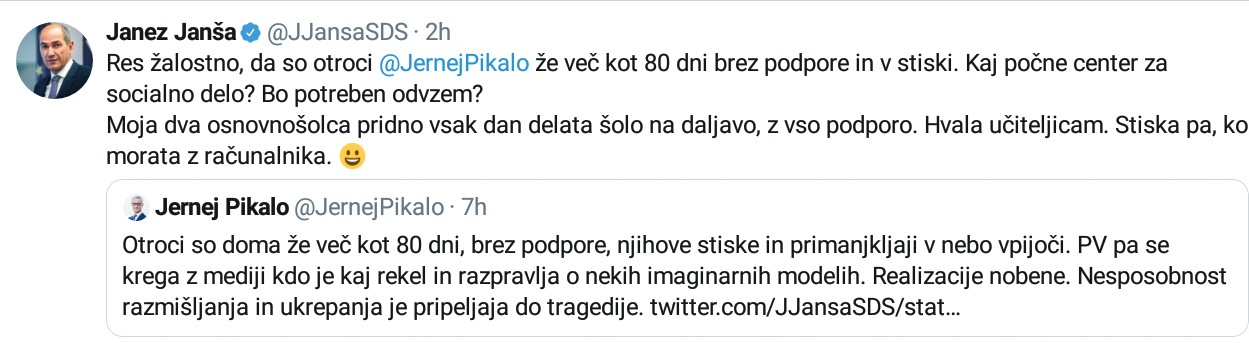Premier Janša šolanje na domu vidi zgolj skozi oči svojih otrok.
