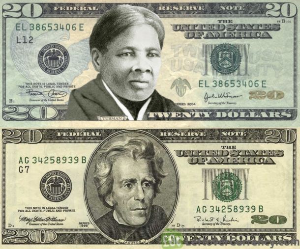 Bankovec za 20 ameriških dolarjev:  Harriet Tubman (zgoraj), Andrew Jackson (spodaj)
