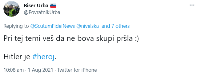 Tvit urednika bloga NTA Urbana Purgarja, sicer člana t.i. rumenih jopičev 