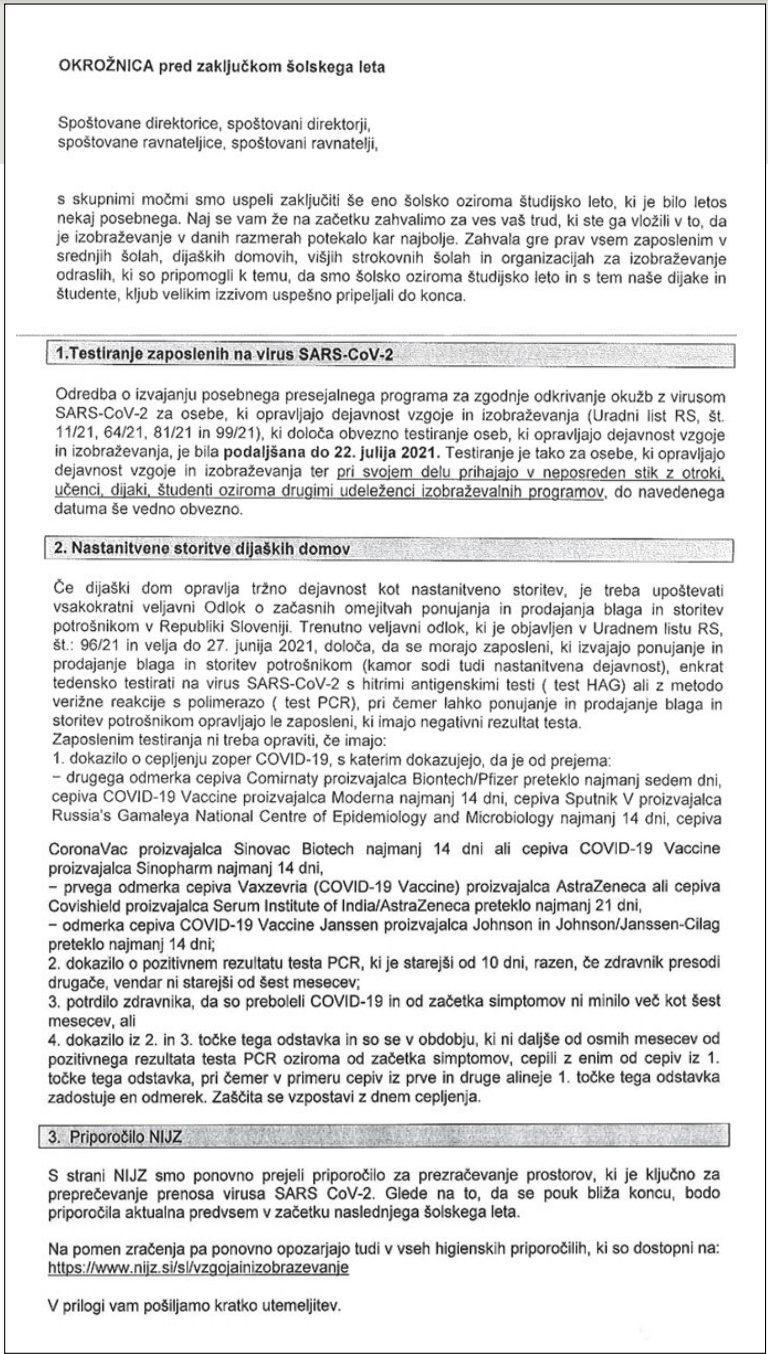 Edina navodila, ki so jih doslej čez poletje prejele šole, so bila v rutinski okrožnici, ki še največ pozornosti namenja dijaškim domovom, kot edini ukrep za zaščito učilnic pred virusom pa zgolj mimogrede navaja prezračevanje. Podrobna navodila naj bi ravnatelji in ravnateljice dobili šele teden pred začetkom pouka. Virus pa se že širi med mladimi.