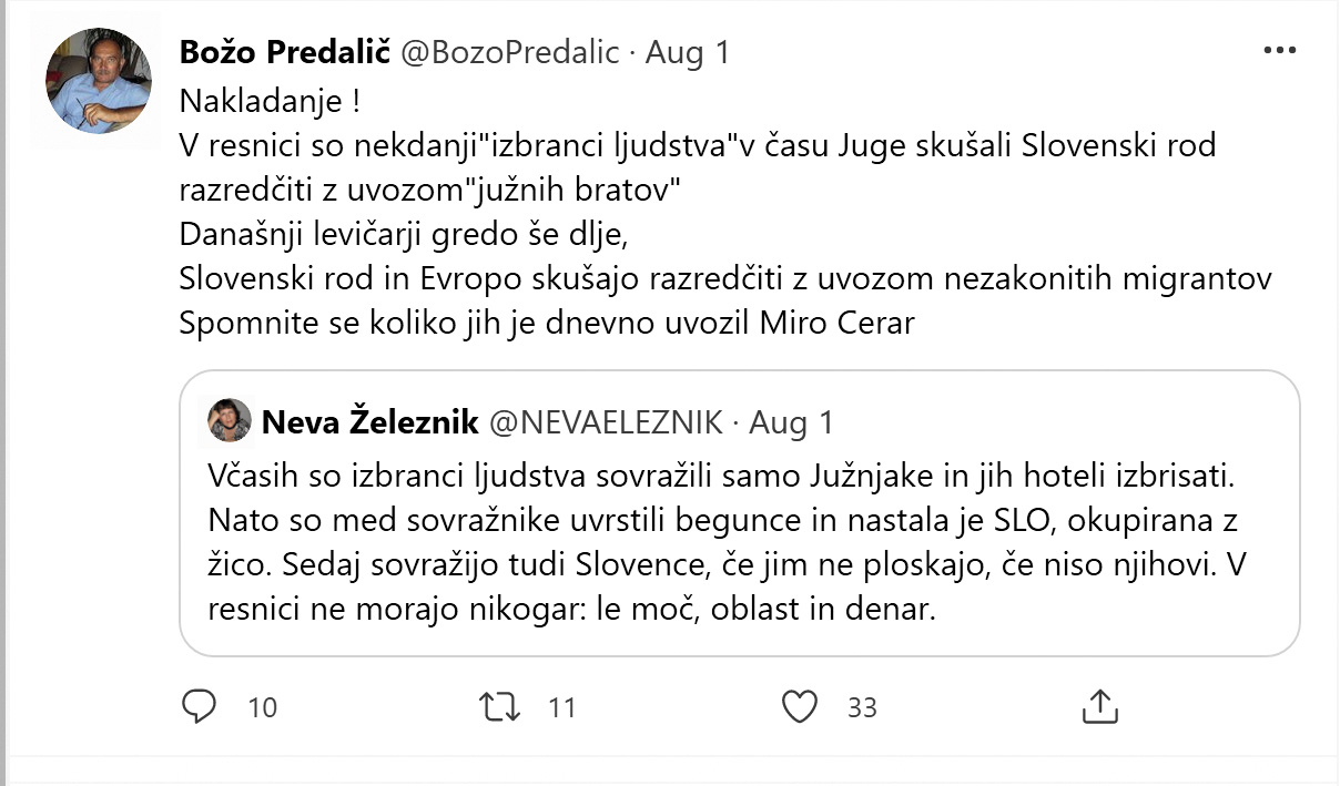 Tvit Boža Predaliča, »desne« roke Janeza Janše