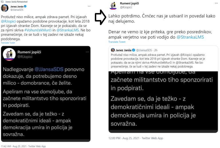 Janša obtoži rumene jopiče, da za njimi stoji Črnčec. Ti mu odgovarjajo.