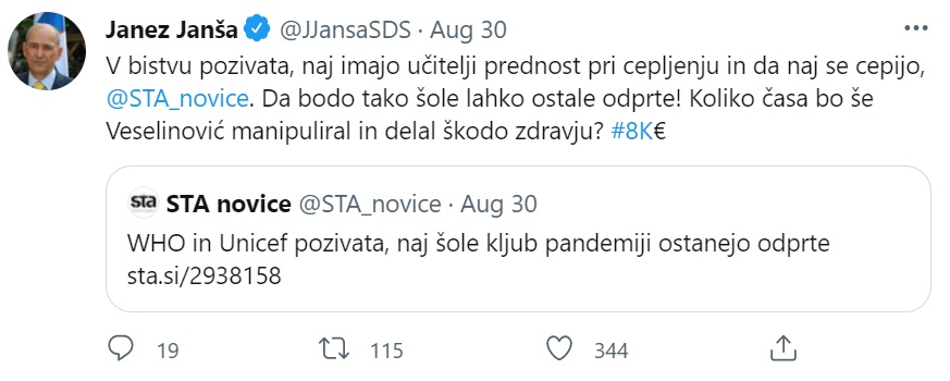Tvit predsednika vlade Janeza Janše