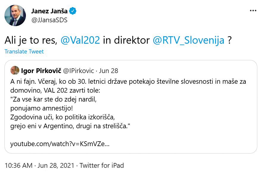 Ne samo v informativni program, politika bi se rada vmešala tudi v izbor glasbene opreme. Igorja Pirkoviča, sicer zaposlenega na RTV Slovenija, in Janeza Janšo je zmotila skladba Operacija Juriš, ki jo izvajata Nikolovski in Jadranka Juras.