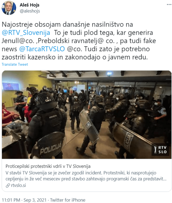 Minister Hojs je krivdo za incident takoj pripisal RTV hiši