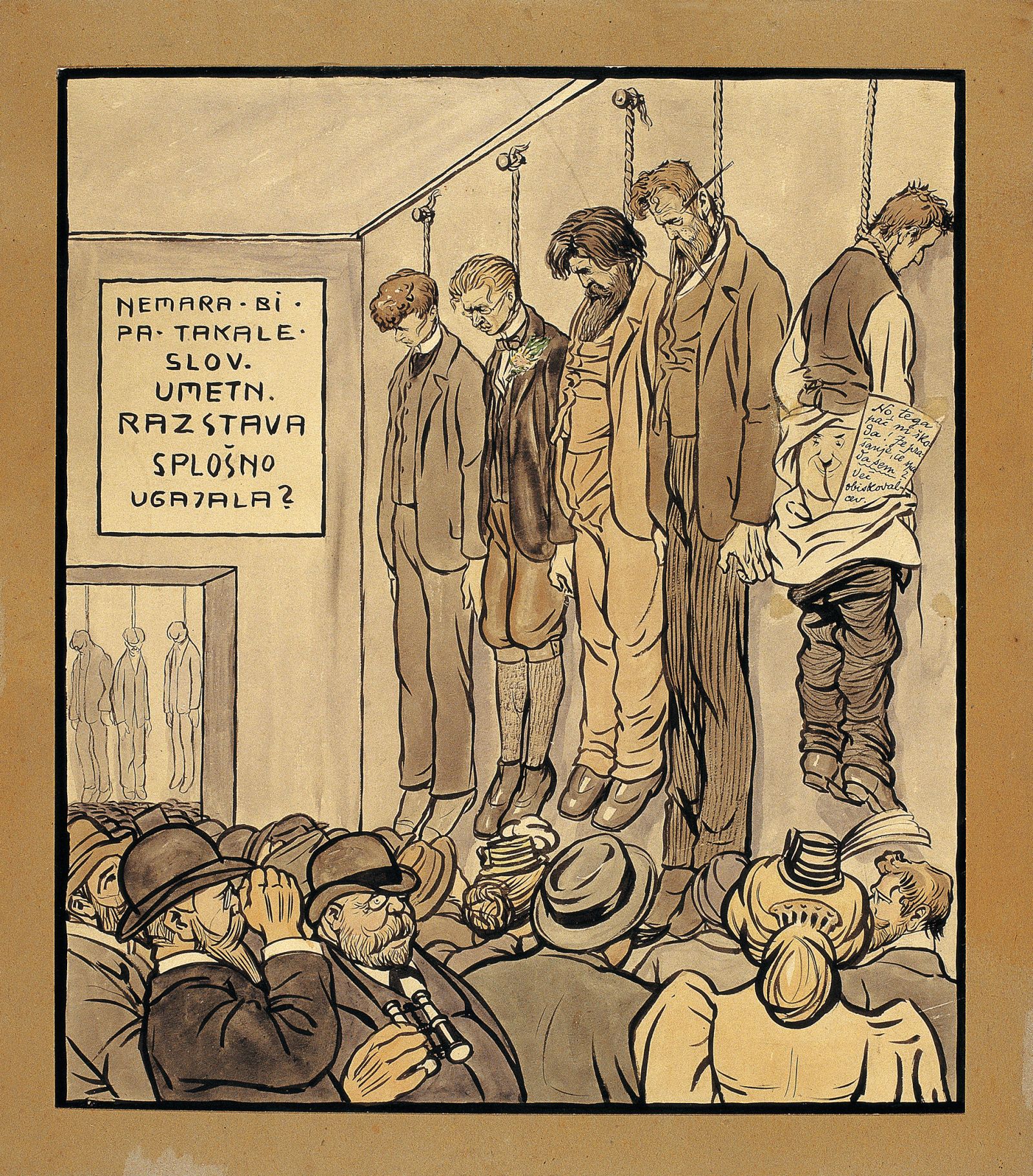 Slovenska umetniška razstava, karikatura z obešenimi umetniki: kipar Svitoslav Peruzzi, slikarja Maksim Gaspari in Rihard Jakopič, kot zadnji visi sam Smrekar, a s hrbtom proti publiki. Karikatura, verjetno ustvarjena okoli leta 1910, ima pripis »Nemara bi pa takale razstava splošno ugajala?«