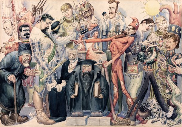 Smrekar je na karikaturi Maškarada slovenskih književnikov (1913) upodobil cvet slovenskih literatov: osrednja figura je Ivan Cankar na prestolu v opravi kralja in dvornega norčka hkrati, pod njim Anton Aškerc kot protestantski duhovnik, levo Ivan Tavčar kot vitez, desno Etbin Kristan v rdeči opravi s frigijsko čepico, sicer pa so upodobljeni še Janez Trdina, Fran  Saleški Finžgar, Miroslav Malovrh, Vladimir Levstik, Fran Levec, Fran Govekar z dvojico lutk, desno še Milan Pugelj, Oton Župančič in Cveto Golar; zbirka Narodne galerije. 