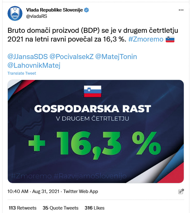 Na Uradu vlade za komuniciranje, ki ga vodi Uroš Urbanija, so doseženo gospodarsko rast pričakovano ovekovečili z izjemno grafiko, kjer so izpostavljeni tudi štirje očitno najzaslužnejši za rast. Komentar naključnega uporabnika, da vlada z nakopičenimi dolgovi bremeni prihodnje generacije, so preventivno skrili, saj kazi lik in delo vlade. 