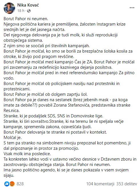 Zapis Nike Kovač na Facebooku